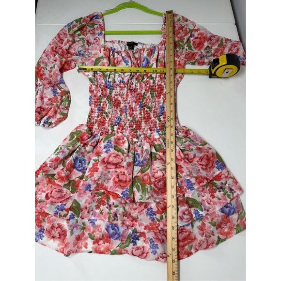 Forever 21 Bohemian Pink Floral Off Shoulder Smocked Mini Ruffle Dress Sz L - Picture 8 of 10